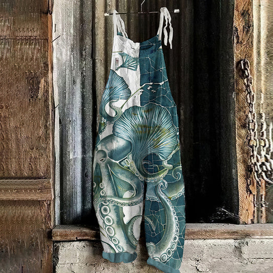 Comstylish Vintage Japanese Art Octopus Print Loose Jumpsuit