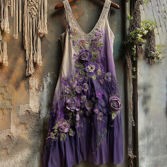 Classy Gradient Purple Lavender And Floral Embroidered Linen Maxi Dress artswardrobe