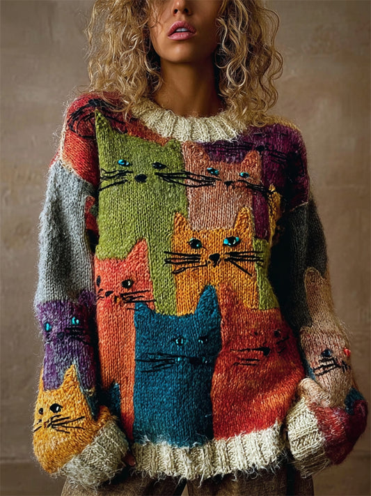 Comstylish Vintage Colorful Crowded Cats Colorblock Cozy Knit Sweater