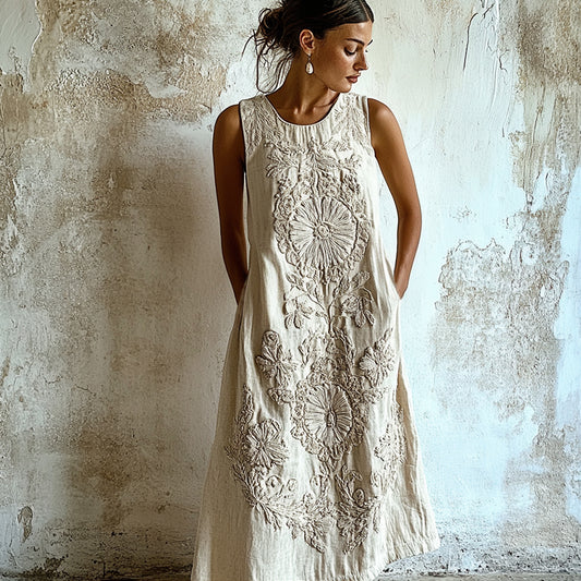 Vintage Floral Art Linen Comfy Tank Dress artswardrobe