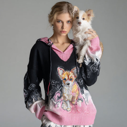 Women's Vintage Dog Embroidered Hooded Sweater elevenforest