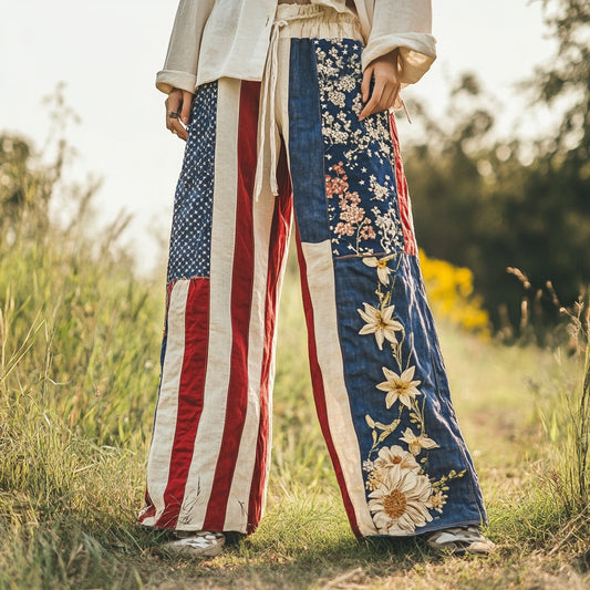 Women's Vintage Independence Day Floral Embroidery Patchwork Design  Linen Wide Leg Pants artswardrobe