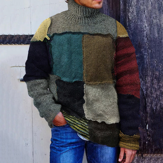 Men's Vintage Warmth Patchwork Pullover Knitted Turtleneck Sweater elevenforest