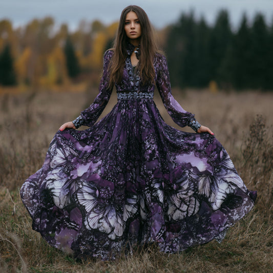 Comstylish Women's Vintage Classy Butterfly Wings Inspired Flowy Maxi Dress