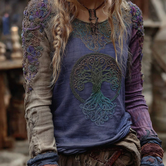 Women's Vintage Gradient Viking Celtic Knot Embroidered Art Cozy Linen Shirt artswardrobe