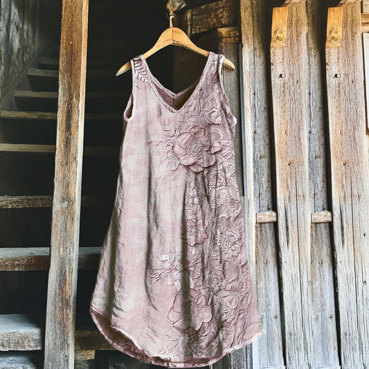 Vintage Flowers Art Pattern Linen Midi Dress artswardrobe