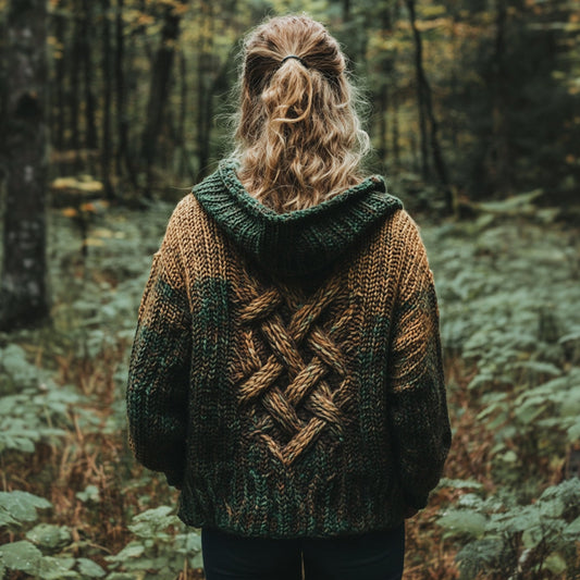 Women's Vintage Celtic Knot Gradient Jacquard Comfort Knit Hooded Cardigan elevenforest