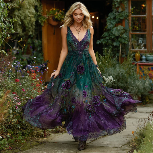 Women's Vintage Floral Embroidery Gradient Pattern Sleeveless Dress artswardrobe
