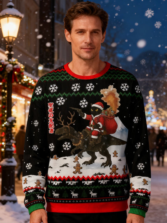 Cat Riding A Dinosaur Christmas Ugly Sweatshirt elevenforest