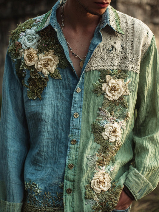 Boho Lace Floral Patchwork Art Men's Linen Long Sleeve Shirt artswardrobe