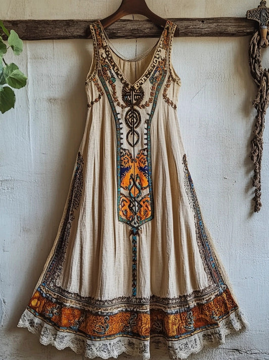 Vintage Bohemian Floral Linen Tank Dress artswardrobe