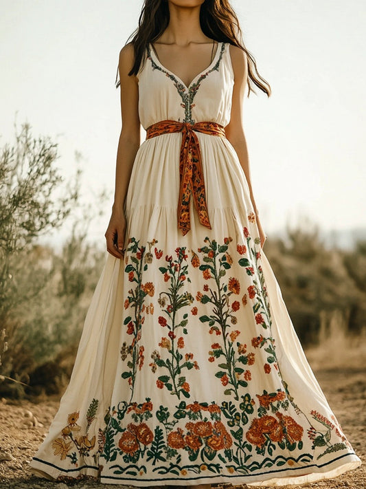 Western Floral Print Women's Linen Vest Dress artswardrobe