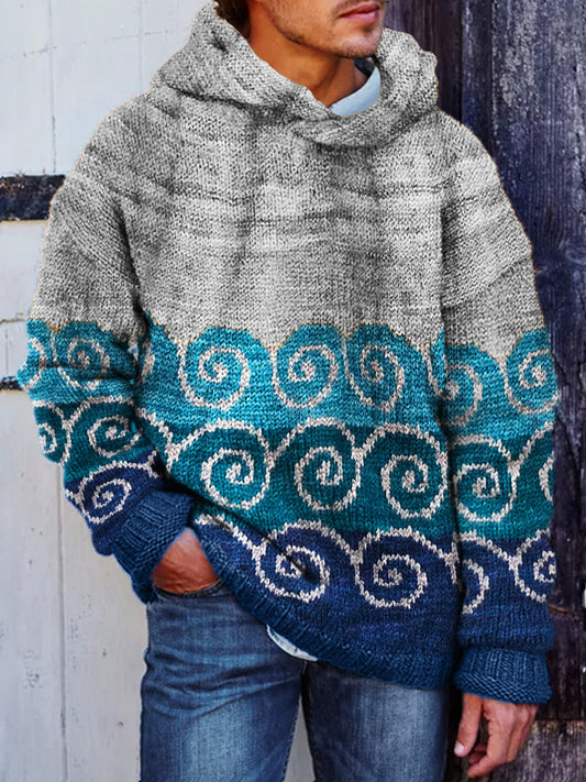 Men's Japanese Sea Waves Colorblock Cozy Knit Hooded Sweater artswardrobe