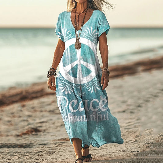 Hippie Peace Art Linen Midi Dress artswardrobe