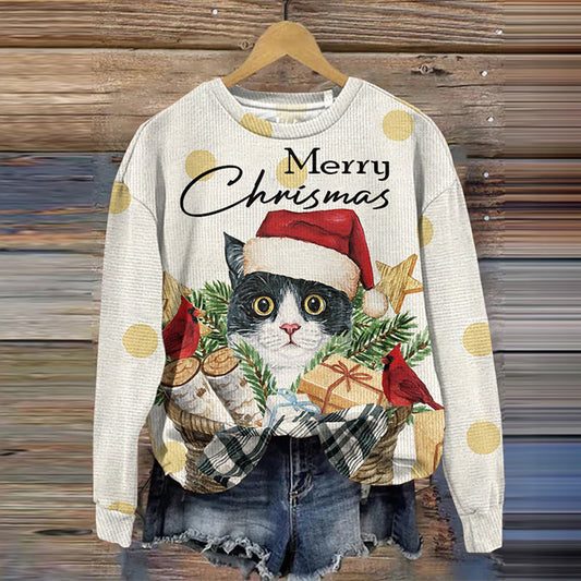 Christmas Cat Print Crew Neck Casual Sweatshirt elevenforest