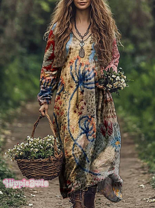 Women's Patchwork Pattern Print V Neck Pocket Cotton Dress