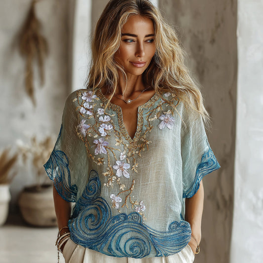 Vintage Gradient Marble Texture And Cherry Blossoms Pattern Linen T-shirt artswardrobe