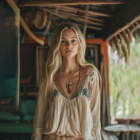 Comstylish Retro Boho Tribal Art Embroidery Print Cotton And Linen V-neck Loose Shirt
