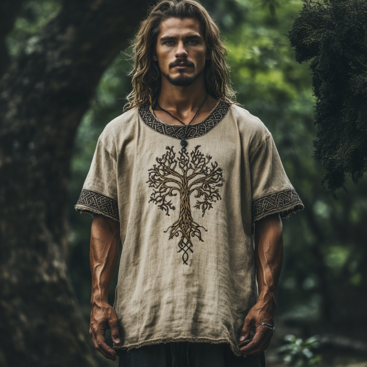 Men's Viking Celtic Knot Wolf Head Linen T-shirt artswardrobe