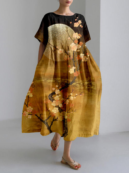 Comstylish Vintage Plum Blossoms & Moon Art Linen Blend Maxi Dress