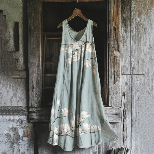 Comstylish Vintage Magnolia Art Cotton Linen Comfy Tank Dress