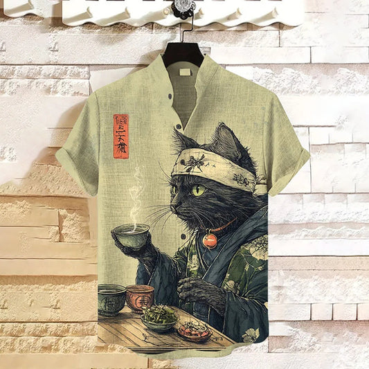 Men's Cat Drinking Tea Japanese Tea Ceremony Art Print Casual Shirt elevenforest