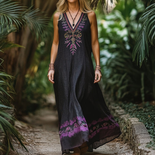 Bohemian Lavender Embroidery Sleeveless  Cozy Linen Maxi Dress artswardrobe