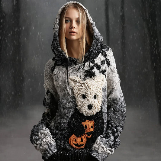 Halloween Cairn Terrier Dog & Pumpkin Art Women's Hooded Sweater elevenforest