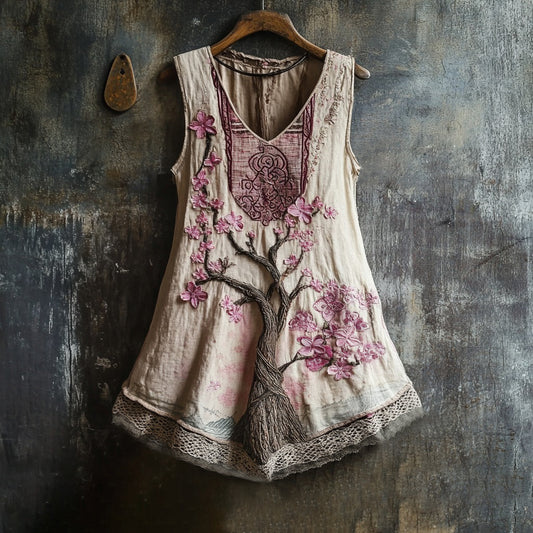 Comstylish Women's Cherry Blossom Embroidery Lace Art Linen Tank