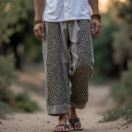 Tribal Viking Celtic Knot Art Linen Long Loose Wide-leg Pants artswardrobe
