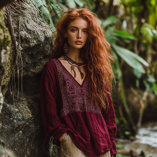 Bohemian Tribal Embroidery Print Cotton And Linen Blend Loose Blouse artswardrobe