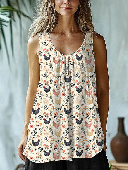 Farm Chicken & Floral Print Ruffled Linen Tank Top artswardrobe