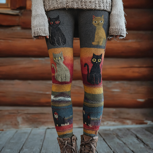Christmas Fun Cat Knitting Tight-fitting Leggings elevenforest
