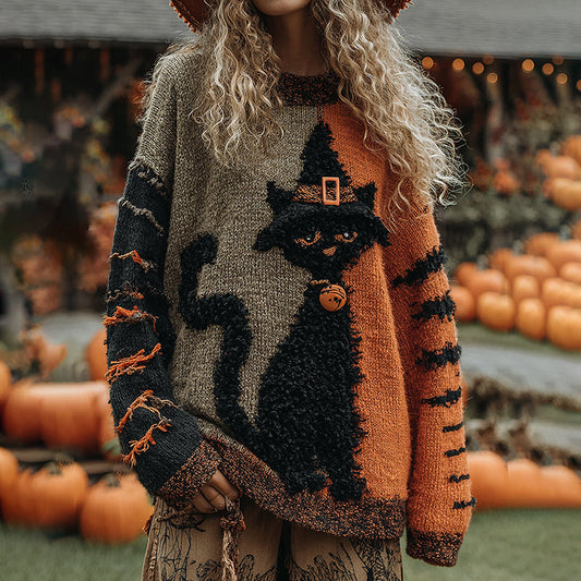Halloween Cute Witch Cats Art Cozy Knit Sweater elevenforest