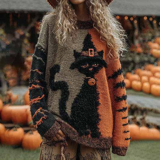Comstylish Halloween Cute Witch Cats Art Cozy Knit Sweater
