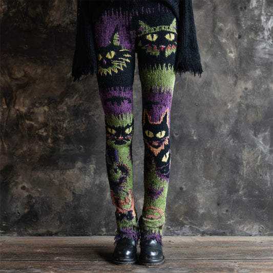Comstylish Halloween Spooky Cat Embroidered Women's Knit Leggings