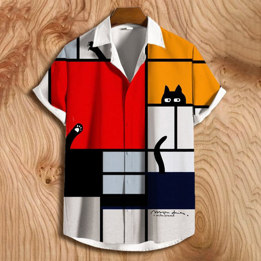Colorblock Mondrian Art Cat Linen Blend Cozy Shirt elevenforest