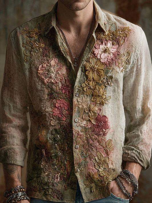 Vintage Floral Embroidered Gradient Cozy Linen Shirt artswardrobe