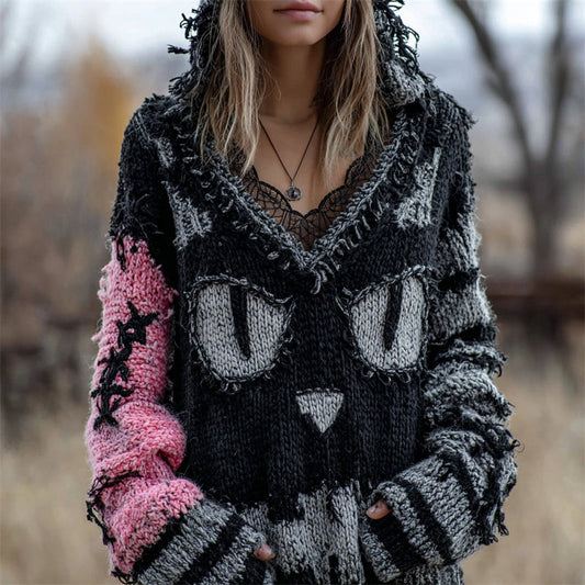 Halloween Black Cat Face Contrast Distressed Knit Hooded Sweater elevenforest