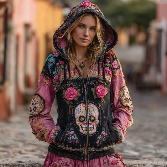 Comstylish Day Of The Dead Sugar Skulls Roses Colorblock Full Zip Hoodie