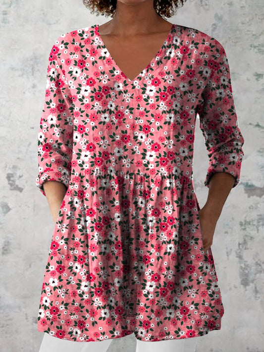 Women's Retro Floral Art Print Casual Cotton And Linen V-neck Top