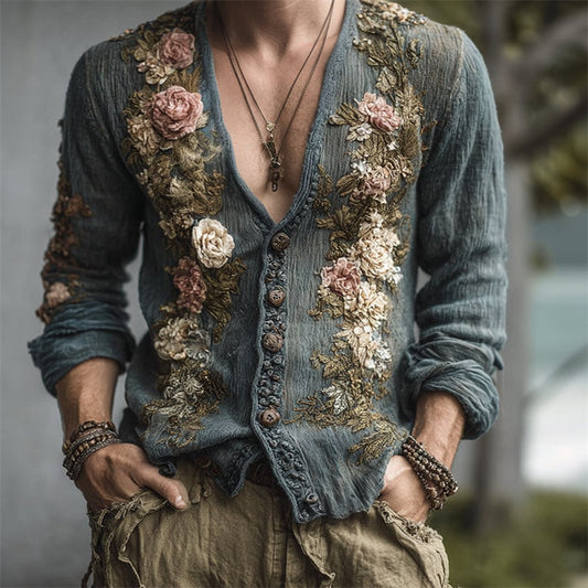 Men's Vintage Floral Fiber Art Comfy Knit Cardigan elevenforest