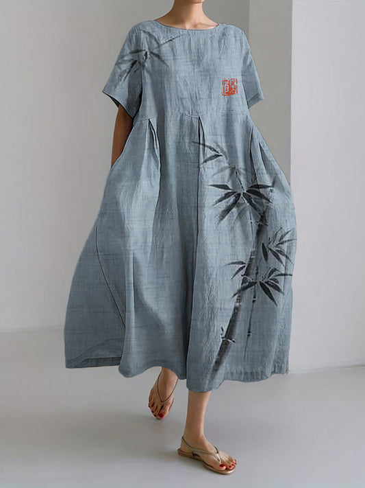 Comstylish Simple Bamboo Japanese Art Linen Blend Maxi Dress