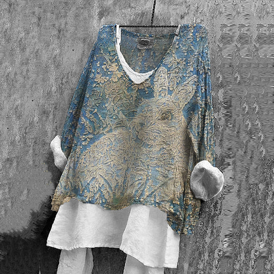 Vintage Fantasy Lace Bunny  Art Pattern Linen Blend Tunic artswardrobe