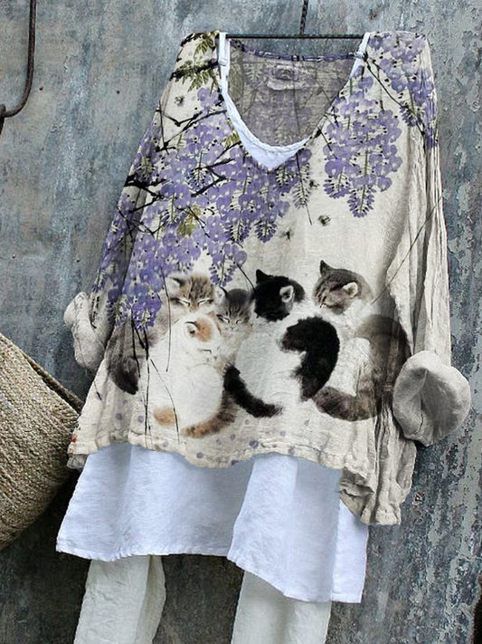 Cats under Floral Tree Japanese Art Flowy Tunic elevenforest