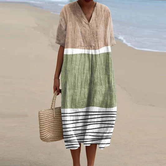 Women's Vintage Stripe Geometry Art Linen Dress artswardrobe