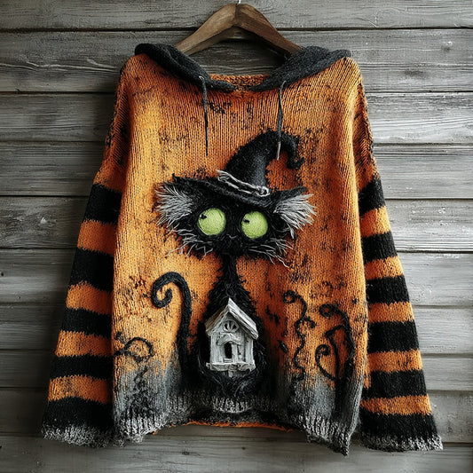 Comstylish Halloween Black Cat And Castle Embroidered Knitted Warm Hooded Sweater