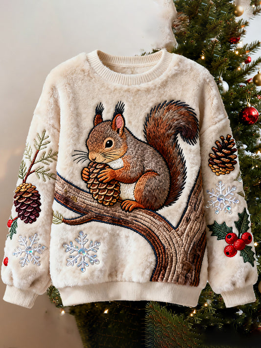 Comstylish Squirrel Picking Pine Cones Flannel Crewneck Sweatshirt