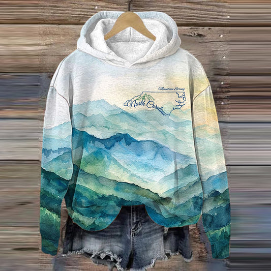 Comstylish Women's North Carolina Together Mountain Strong Watercolor Art Print Casual Hoodie