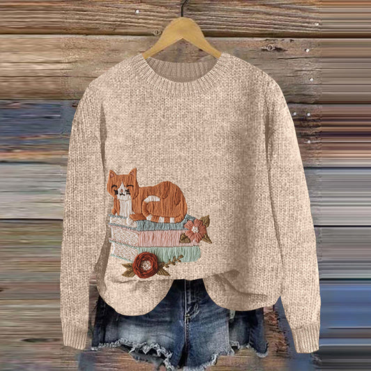 Women's Cat Floral Embroidery Knit Art Casual Sweater elevenforest